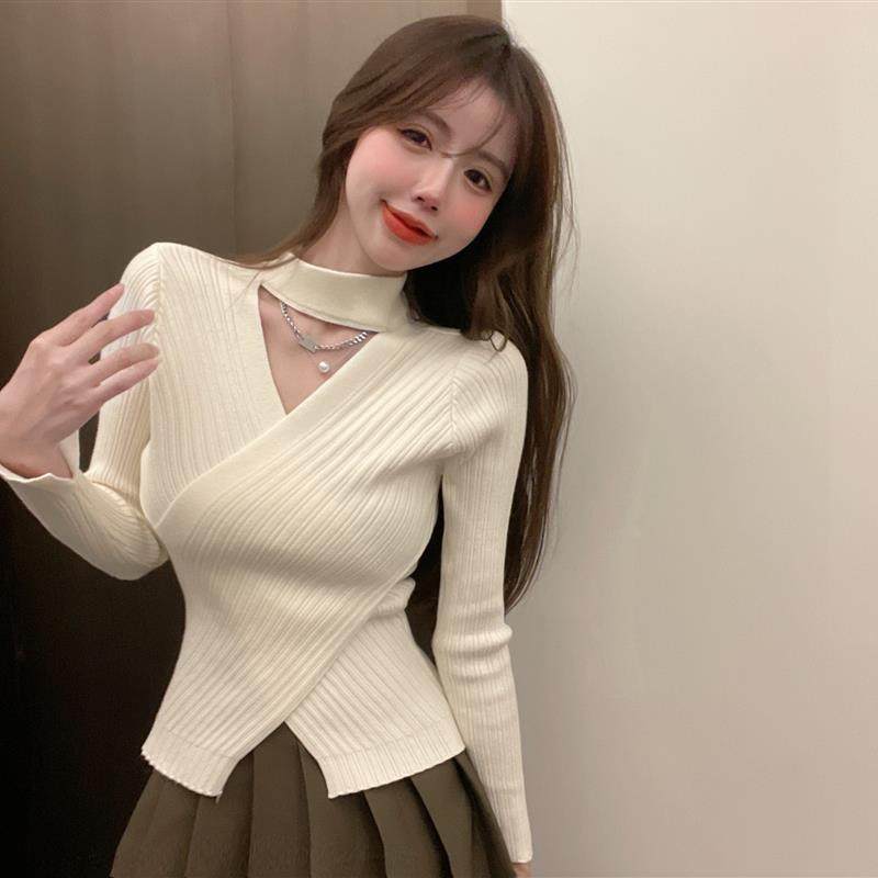 性感交叉挂脖毛衣女内搭秋冬设计感小众别致上衣洋气长袖针织衫春,女装/女士精品,毛针织衫,淘宝优惠券,粉丝福利购,淘宝优惠卷