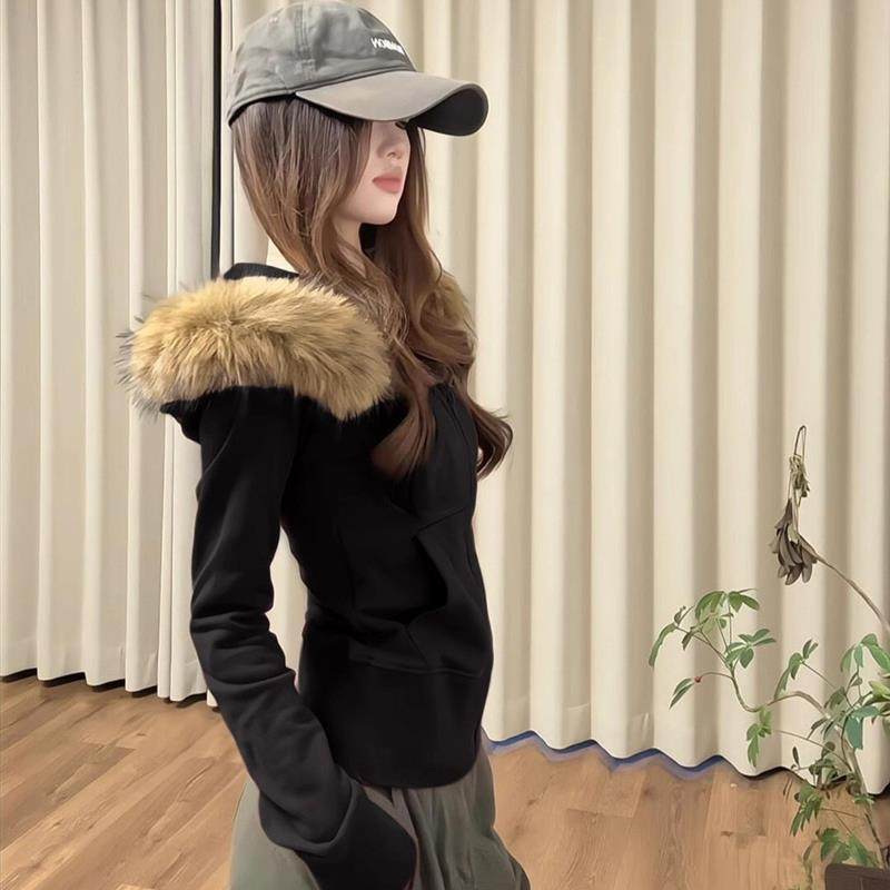 黑色修身毛领卫衣外套短款女秋冬季正肩连帽收腰美式上衣2025新款,女装/女士精品,短外套,淘宝优惠券,粉丝福利购,淘宝优惠卷