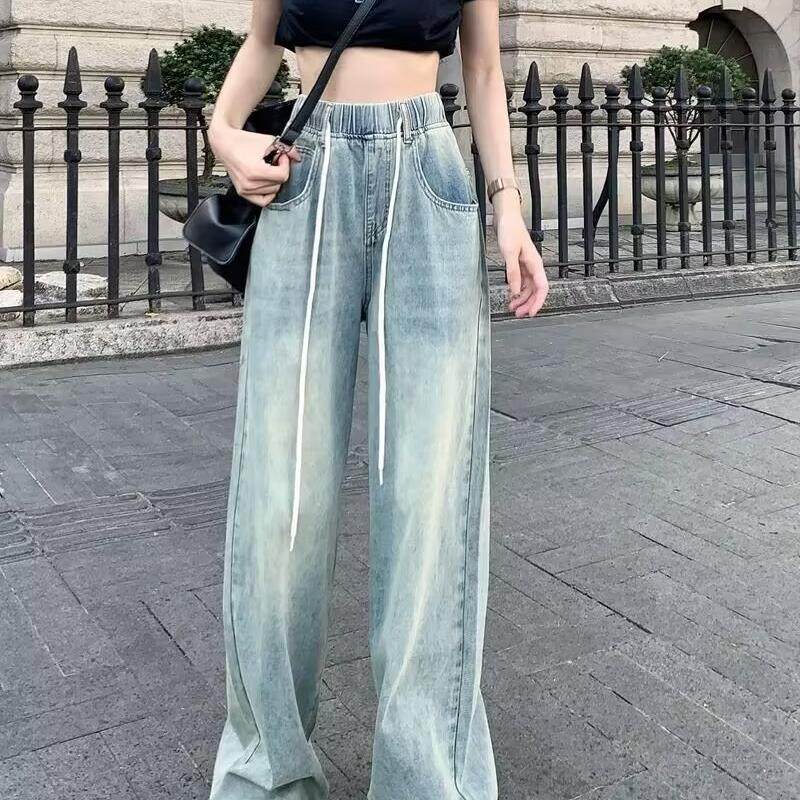 美式复古牛仔裤女秋季抽绳设计感直筒垂感拖地长裤宽松阔腿裤子潮