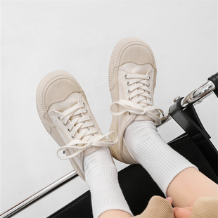 平板鞋 韩版 小白鞋 吉步饼干帆布鞋 子 女2024新款 厚底增高白色休闲鞋
