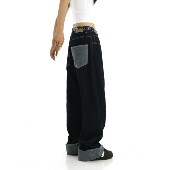 阔腿裤 美式 直筒裤 男女翻边设计感宽松拖地休闲裤 子 复古黑色牛仔裤