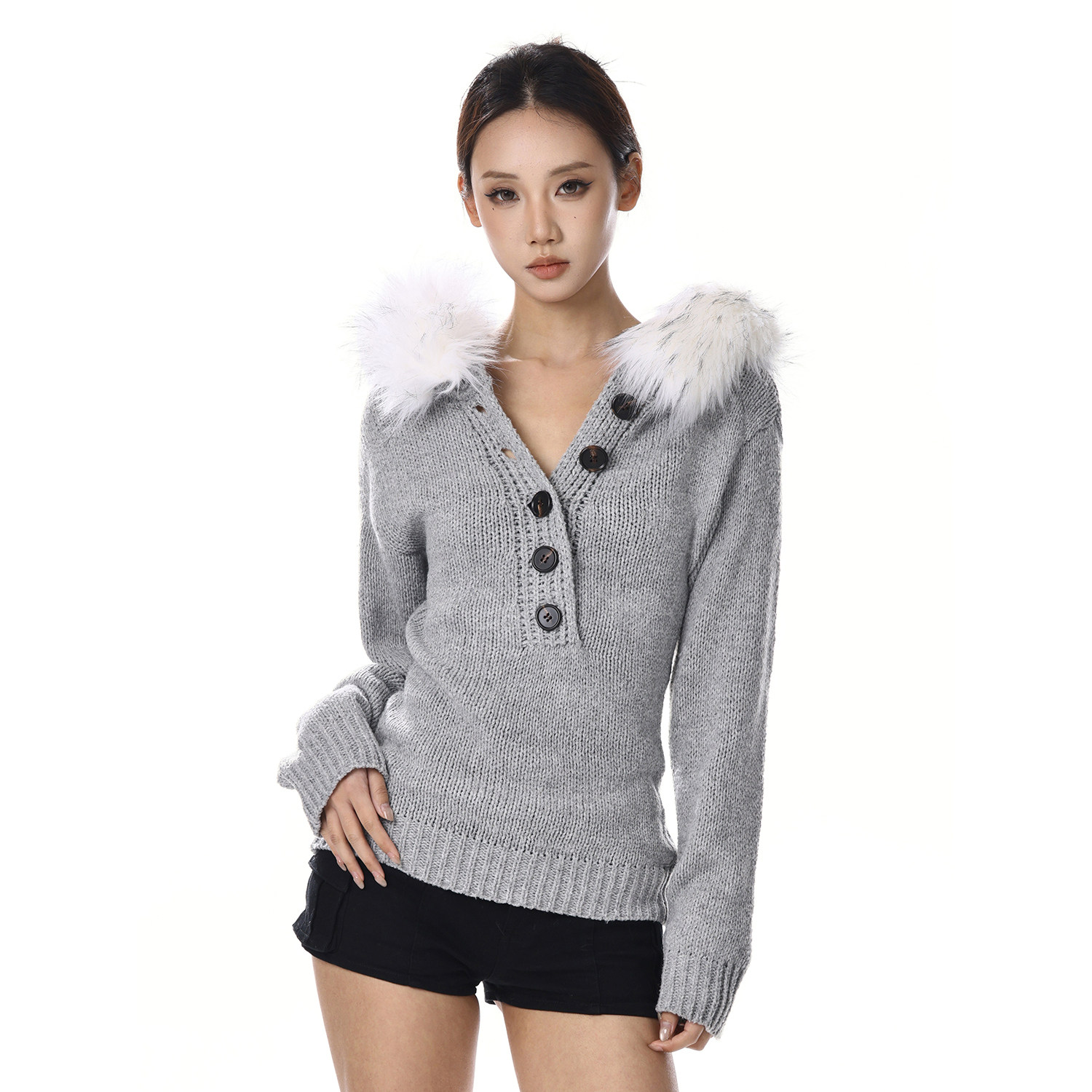 美式复古可拆卸毛领灰色连帽毛衣女辣妹显瘦修身针织高级感上衣女,女装/女士精品,毛衣,淘宝优惠券,粉丝福利购,淘宝优惠卷