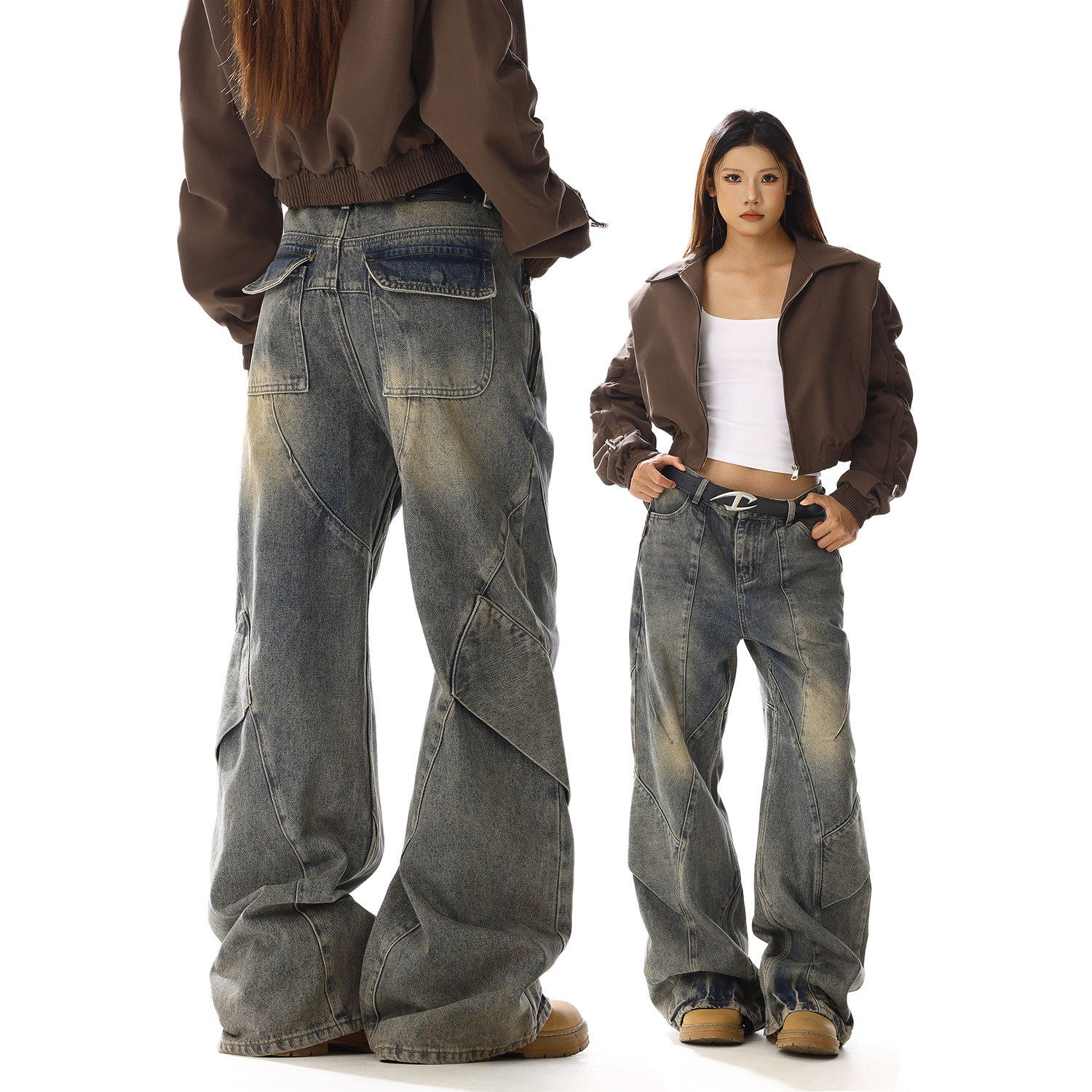 美式复古水洗做旧重工微喇牛仔裤男女新款设计感宽松直筒阔腿裤子,女装/女士精品,牛仔裤,淘宝优惠券,粉丝福利购,淘宝优惠卷