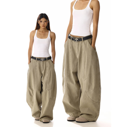 美式复古廓形设计感弯刀牛仔裤