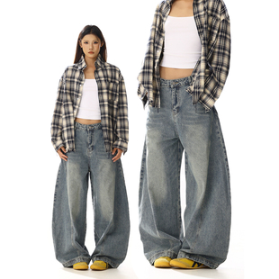 男女潮牌街头宽松显瘦百搭休闲阔腿牛仔裤 美式 复古水洗做旧弯刀裤