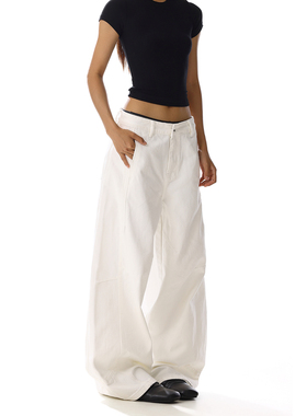美式复古简约白色弯刀牛仔裤男女新款潮牌宽松阔腿直筒休闲长裤子