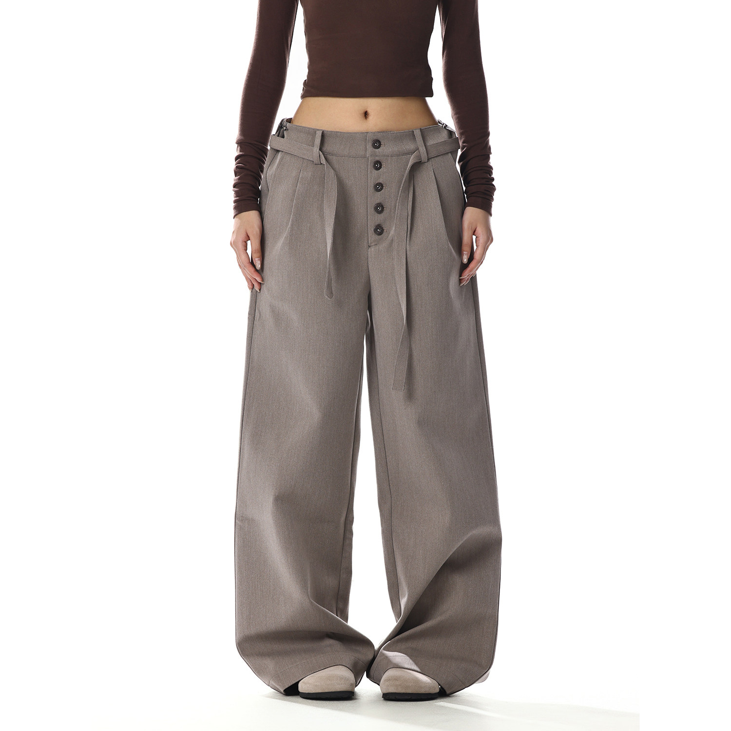 美式复古灰色打褶抽绳西裤女设计感小众宽松显瘦百搭垂感休闲裤子,女装/女士精品,休闲裤,淘宝优惠券,粉丝福利购,淘宝优惠卷