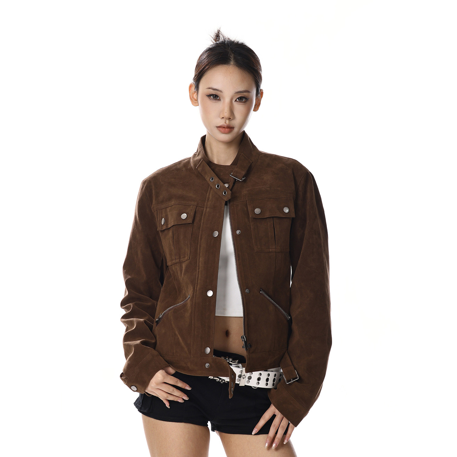 美式复古棕色立领外套女设计感小众短款休闲百搭显瘦工装机车夹克,女装/女士精品,短外套,淘宝优惠券,粉丝福利购,淘宝优惠卷
