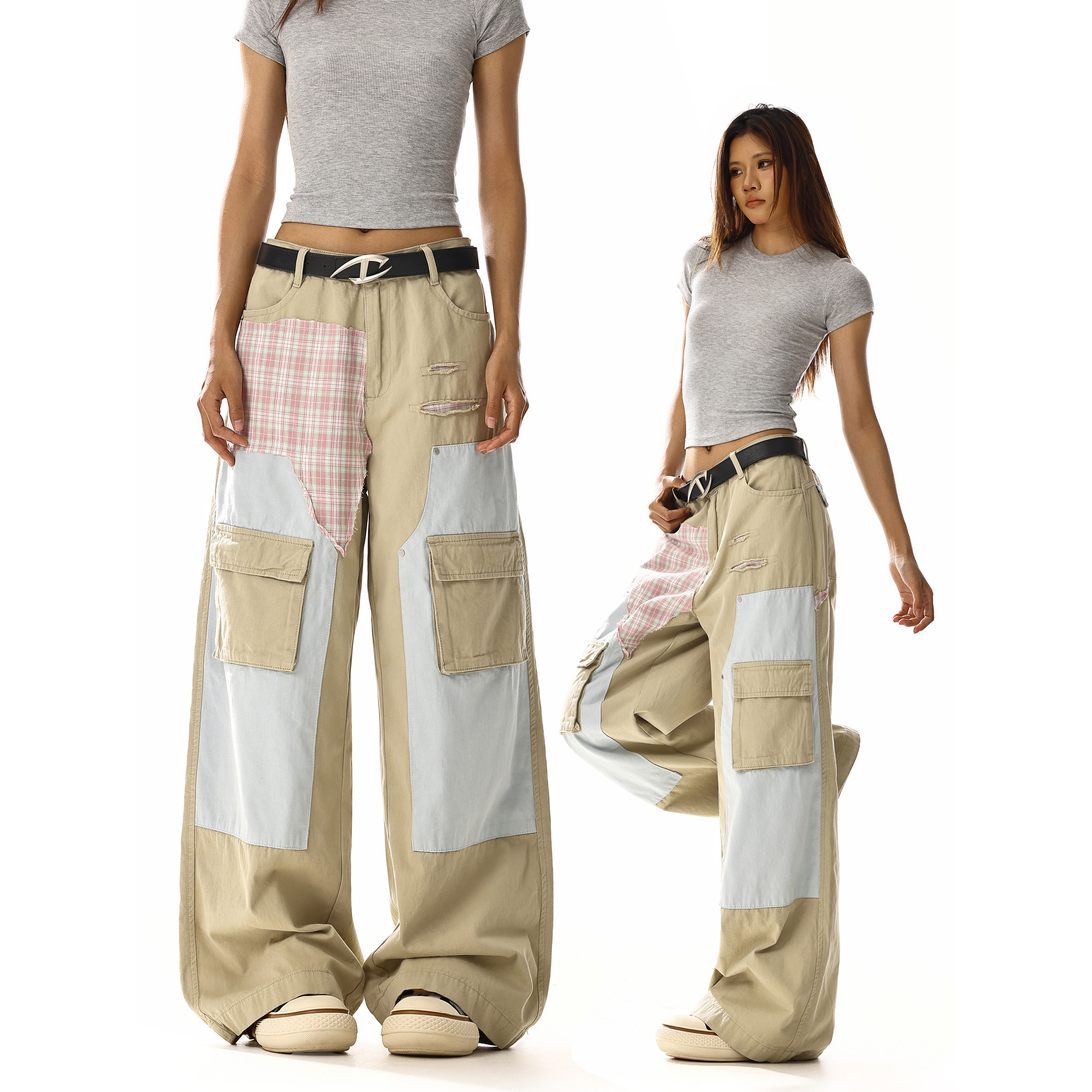 美式复古格纹拼接设计感牛仔裤男女潮牌宽松磨破直筒阔腿工装裤子,女装/女士精品,牛仔裤,淘宝优惠券,粉丝福利购,淘宝优惠卷