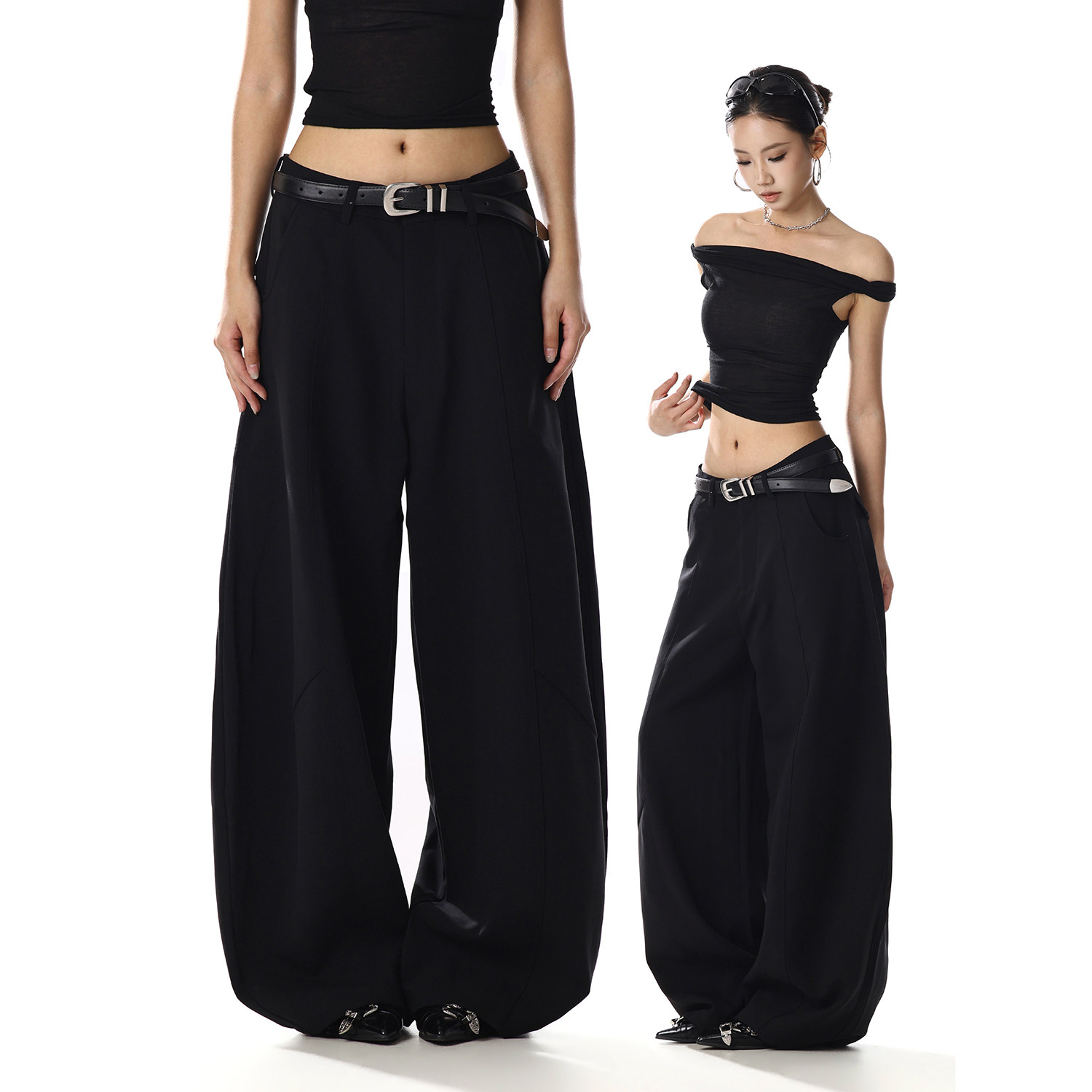 美式复古解构廓形黑色休闲裤男女夏季新款百搭显瘦直筒阔腿长裤子