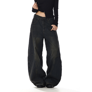 美式复古黑色水洗高级感弯刀牛仔裤女做旧宽松阔腿直筒休闲镰刀裤