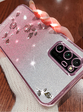 荣耀v30pro手机壳透明电镀高端保护套适用v30pro新款奢华镶钻honor全包防摔渐变闪粉高级感女个性创意玫瑰花