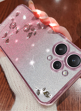 红米12手机壳透明电镀高端保护套适用Redmi12新款奢华镶钻红米note12R全包防摔渐变闪粉高级感女个性创意玫瑰
