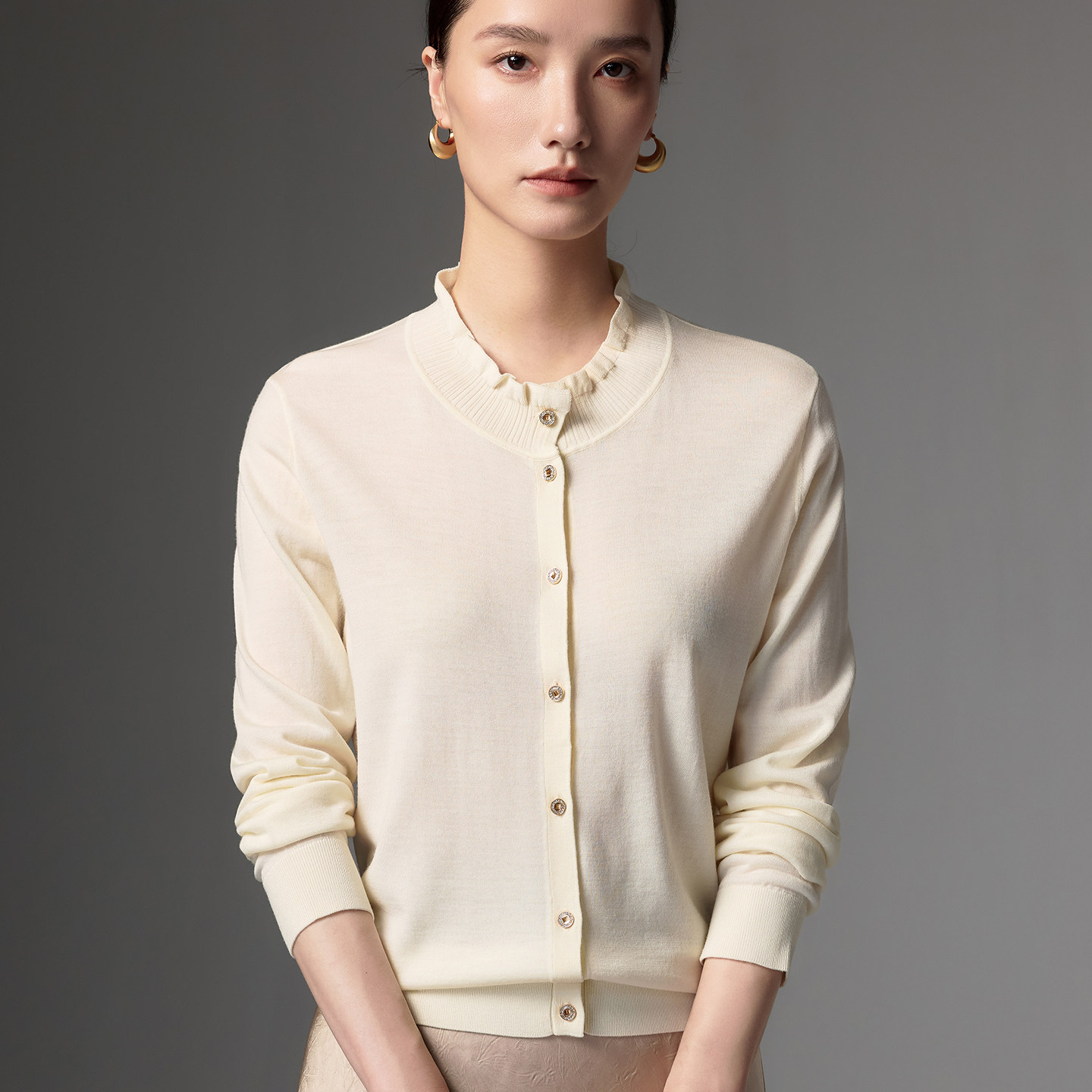 清河纯木耳边精纺羊毛开衫女秋冬