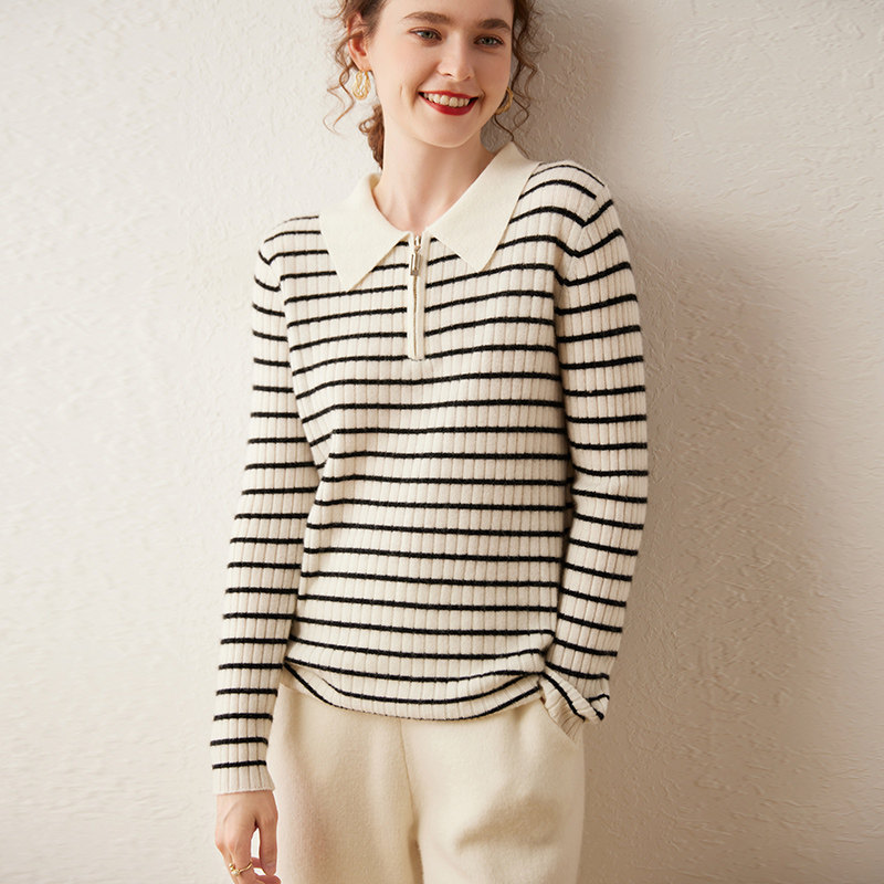 惊艳全场！POLO领羊绒衫秋冬季半拉链条纹针织衫女士时尚外穿上衣