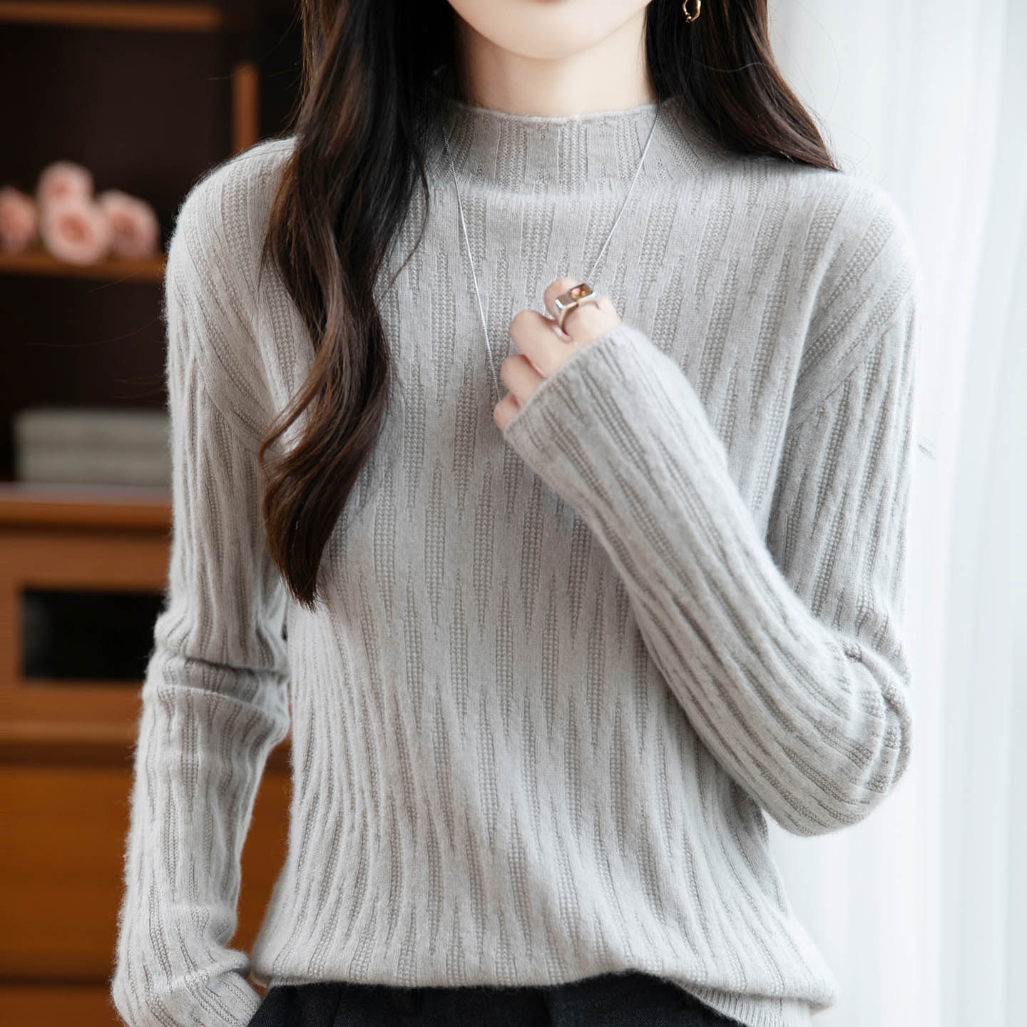 秋冬季半高领纯羊毛衫女士套头毛衣宽松显瘦轻职风竹节针织打底衫