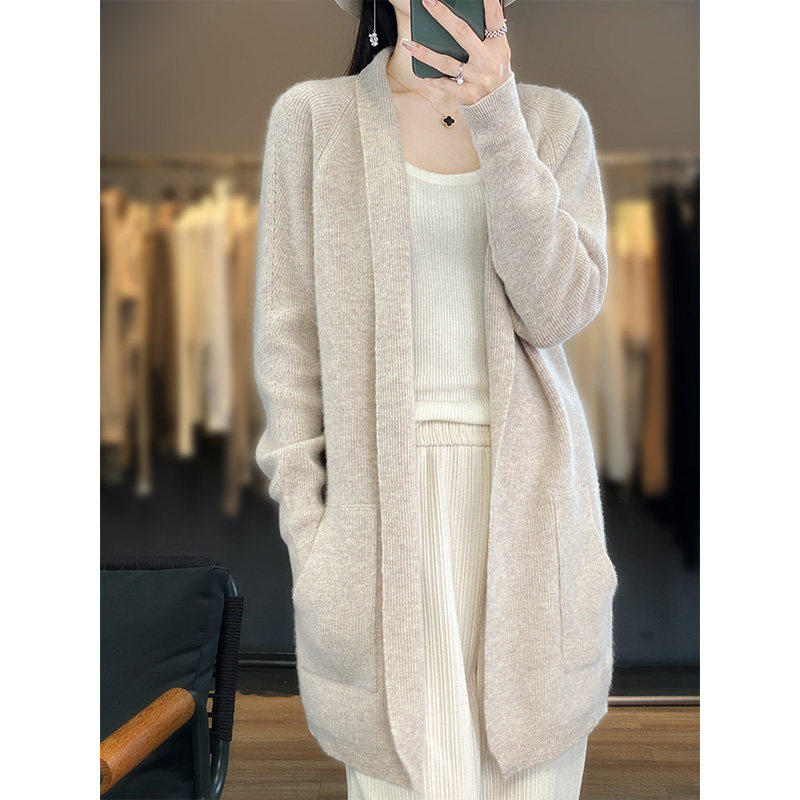重磅100%纯羊毛针织开衫女秋冬中长款加厚保暖外套宽松慵懒风上衣