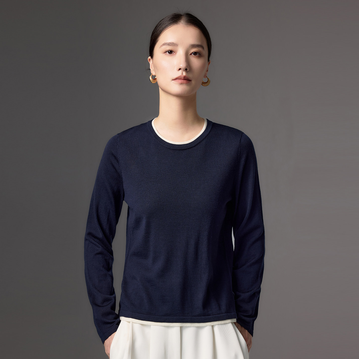 清河纯羊毛衫女秋冬季精纺薄款圆领假两件毛衣宽松百搭休闲针织衫