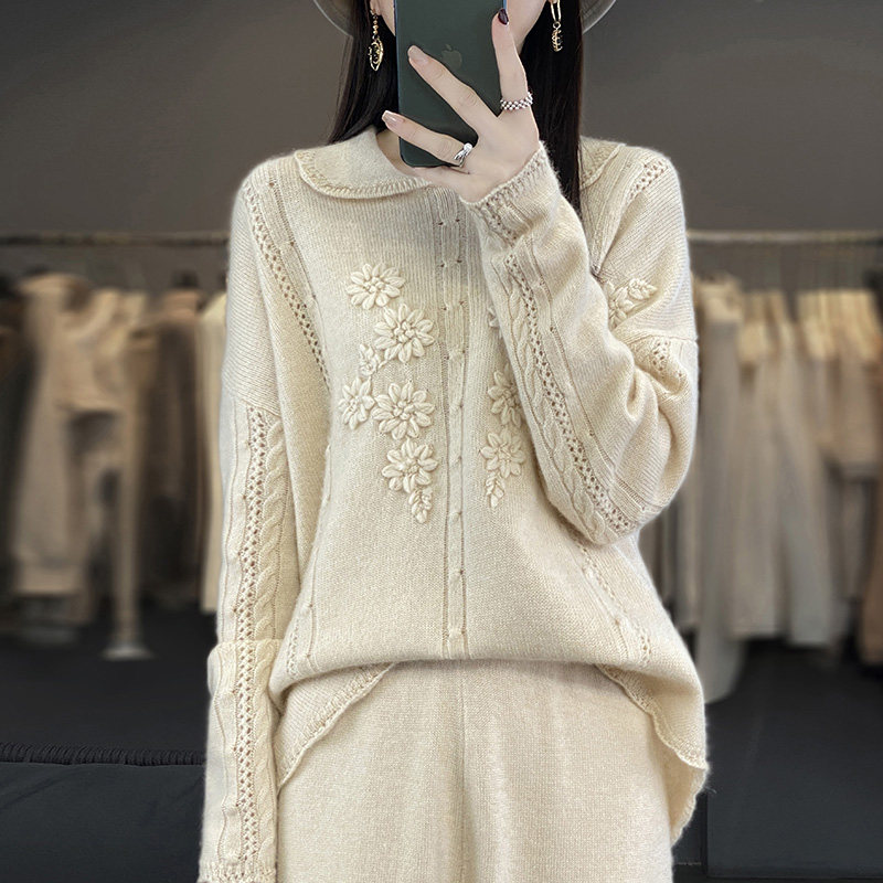 娃娃领100%纯羊毛针织打底衫女秋冬镂空绣花套头毛衣宽松显瘦上衣