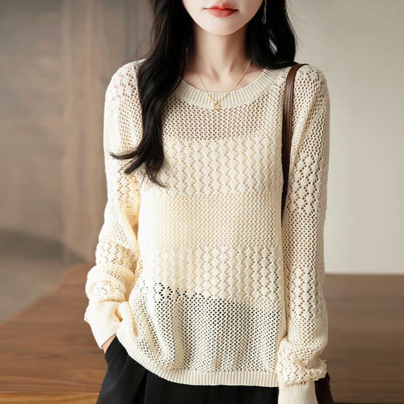 圆领100%纯棉毛衣女春季薄款长袖勾花镂空上衣宽松显瘦外穿针织衫