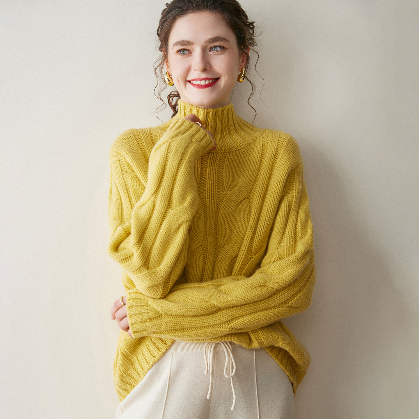 清河纯高领重磅羊绒衫女冬季加厚保暖绞花毛衣宽松慵懒针织打底衫