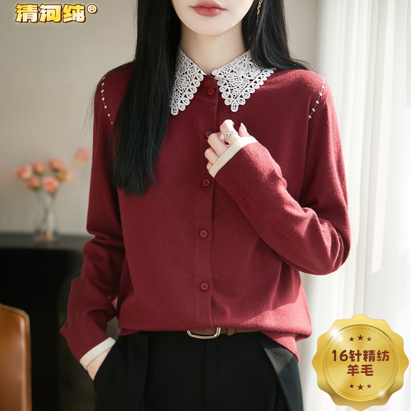 专柜质感！清河纯16针精纺羊毛衫女春秋季宽松显瘦蕾丝翻领针织衫