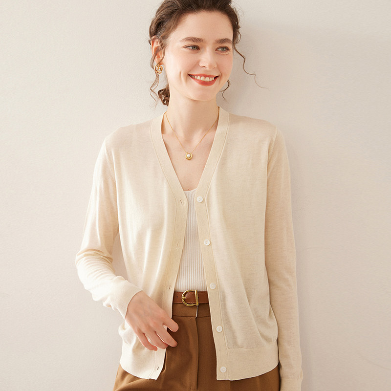 V领精纺羊绒桑蚕丝开衫女春夏季薄款长袖毛衣外套宽松显瘦针织衫