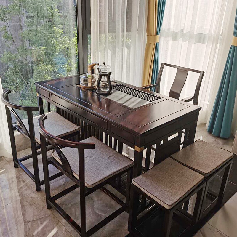 新中式功夫茶桌花梨木沙比利家具乌金石茶台书桌两用多功能