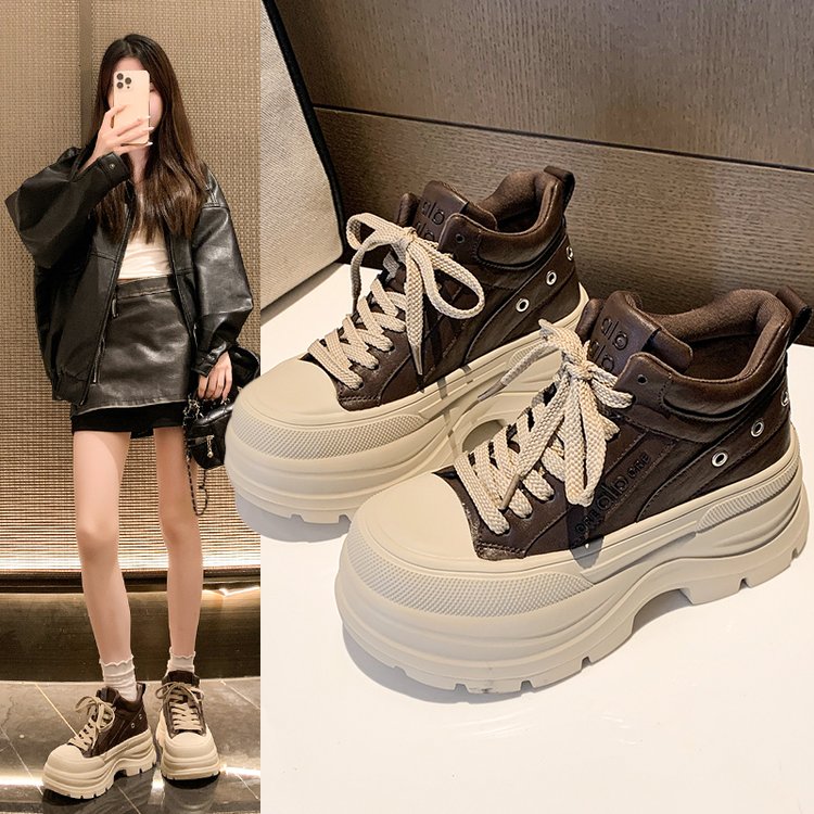 7公分欧款松糕底圆头高帮女鞋2025秋款字母绑带超轻增高厚底休闲