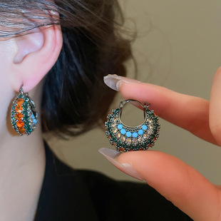 【星河璀璨】民族风镶锆石圆形吊坠耳环满钻奢华高定气质耳圈耳套