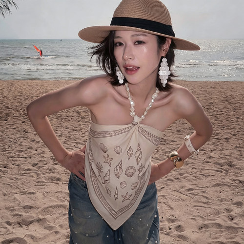 美式辣妹！复古海星贝壳方巾丝巾