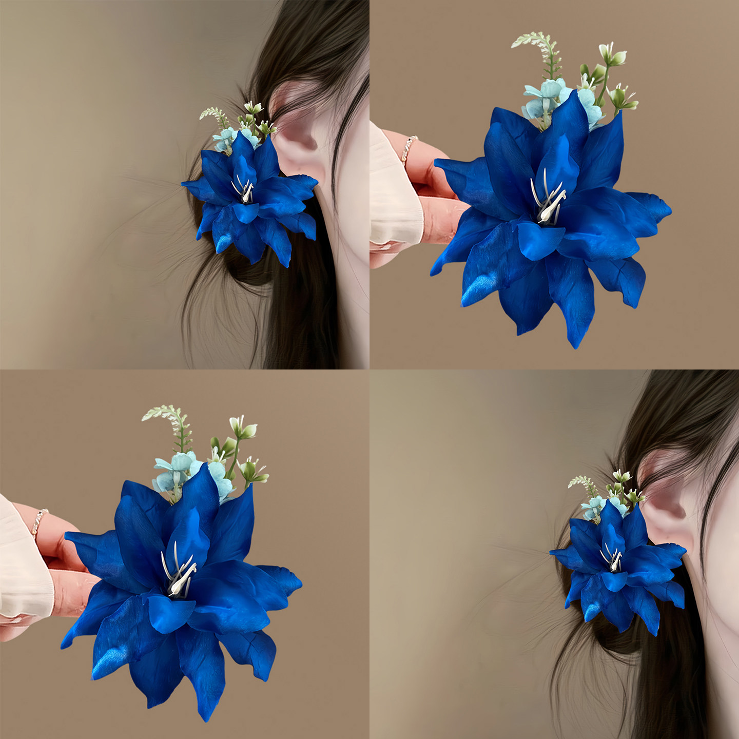 一眼惊艳!宝蓝色花朵发夹发饰女