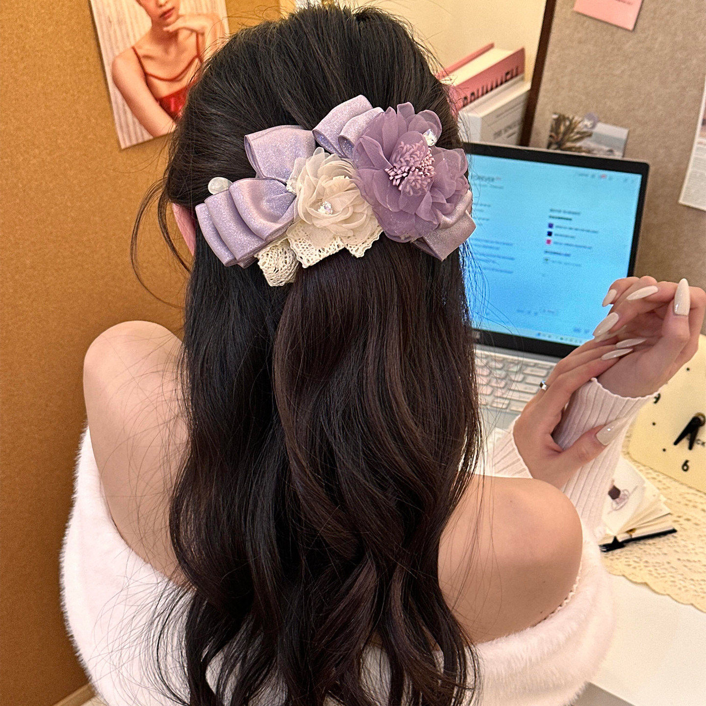 紫锦凝香！紫色网纱花朵香蕉夹后脑勺防滑竖夹度假旅行一字夹发饰,户外/登山/野营/旅行用品,旅行发卡,淘宝优惠券,粉丝福利购,淘宝优惠卷