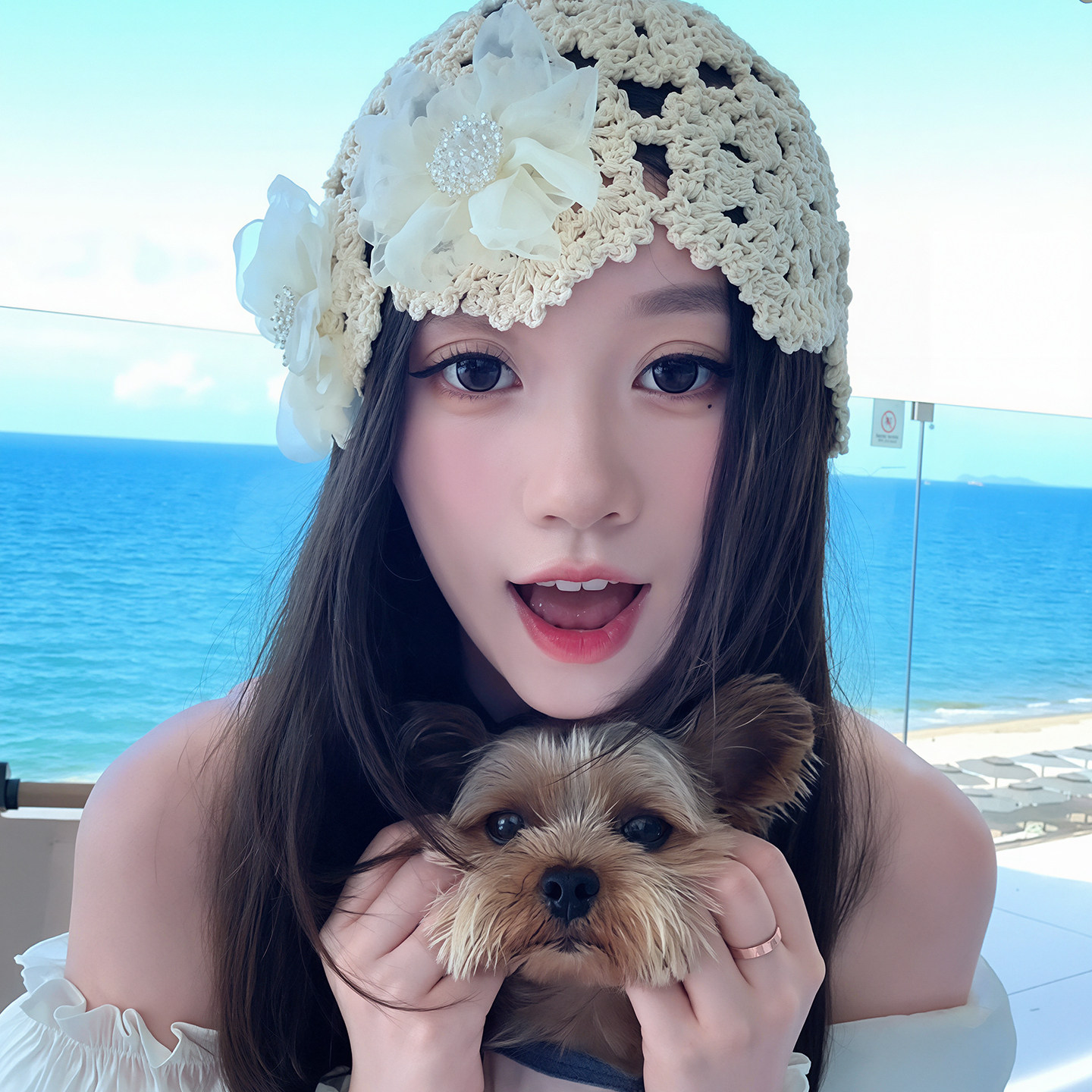 海边甜妹氛围感!白色花朵编织帽