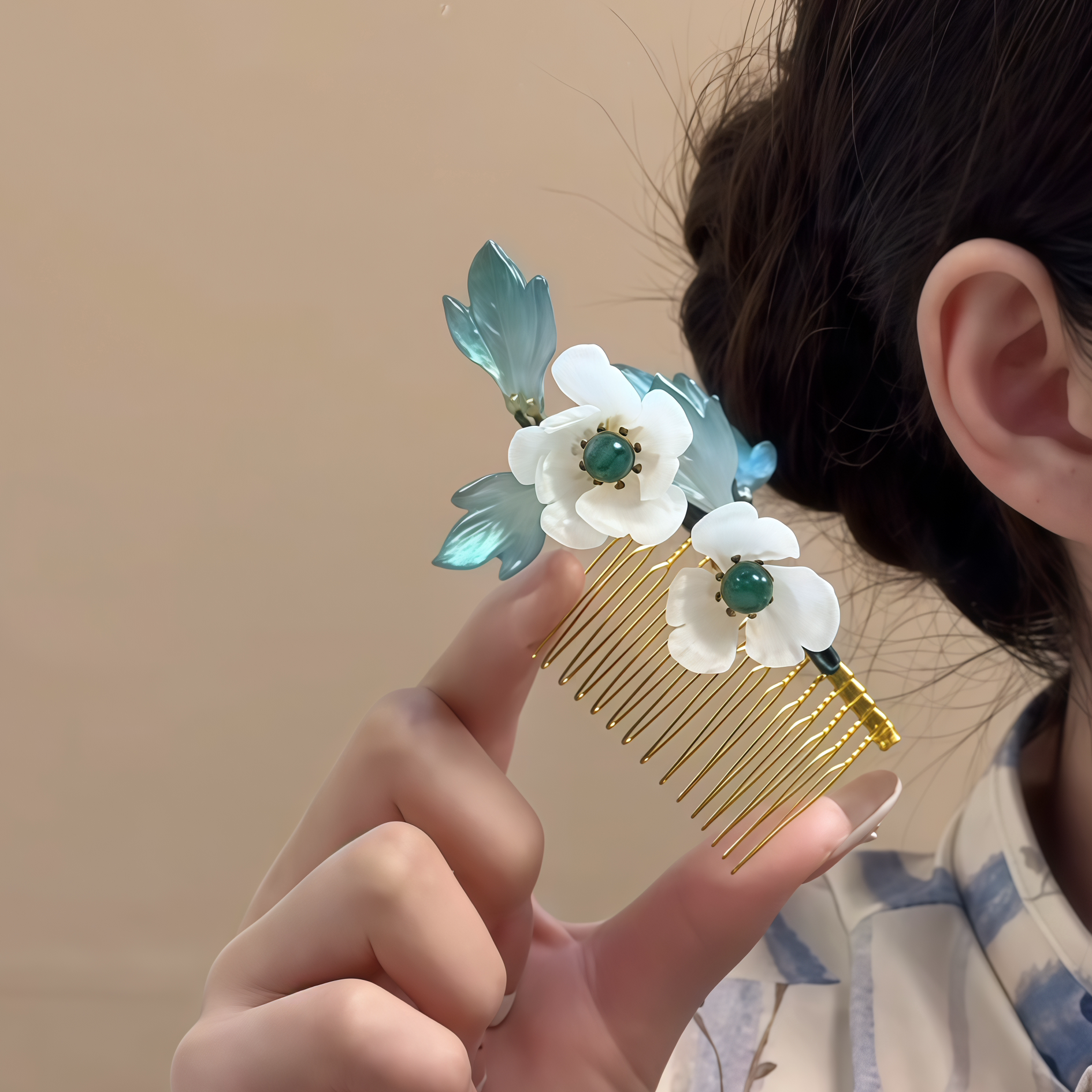 青岚花绾!新中式蓝色花朵发梳