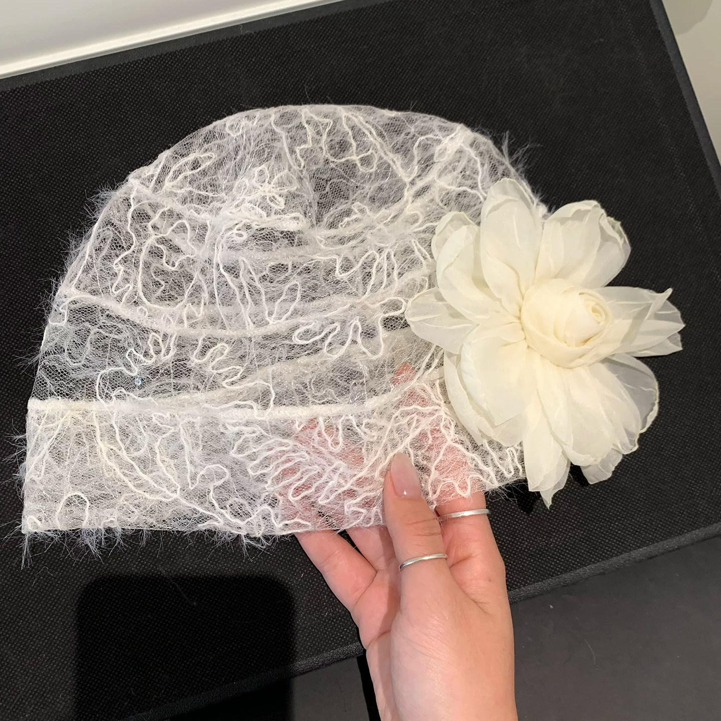 法式浪漫蕾丝立体花朵镂空包头帽