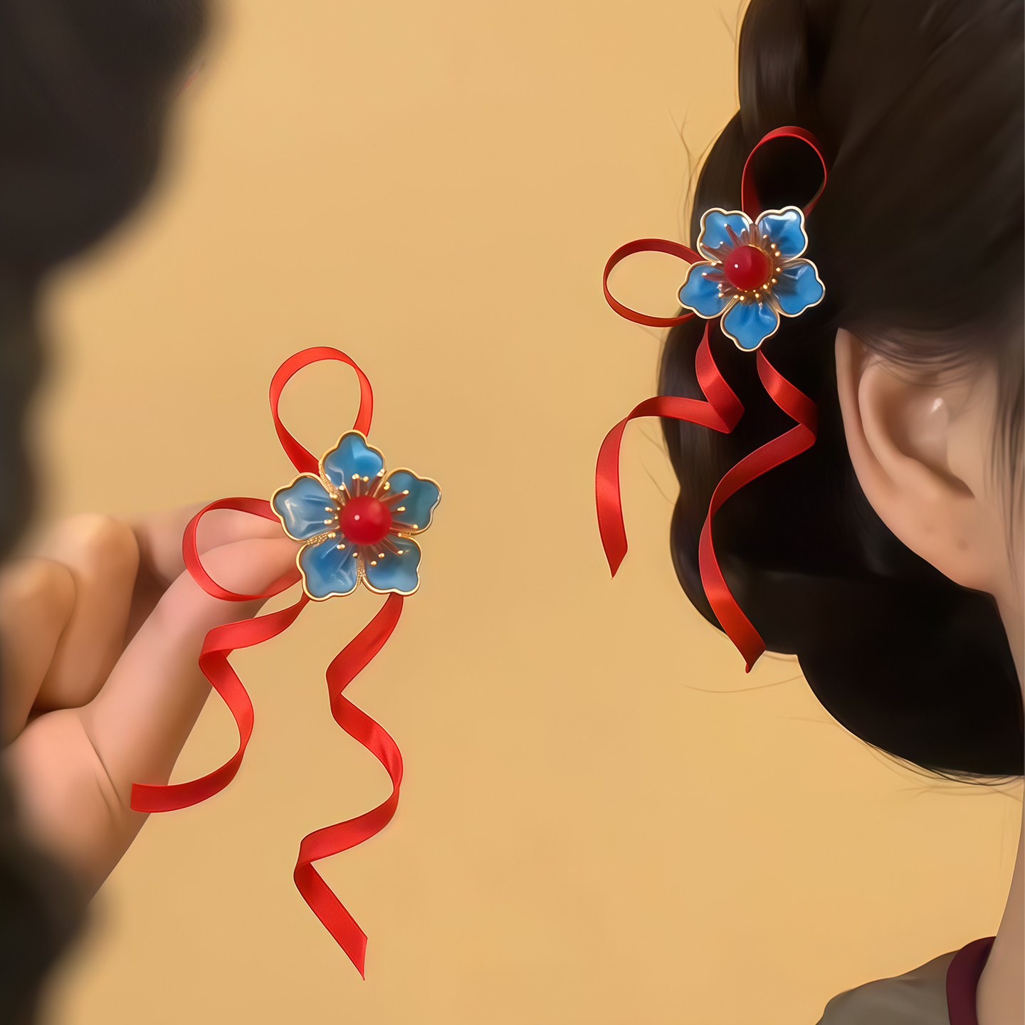 天选女!国风红色蝴蝶结丝带发簪