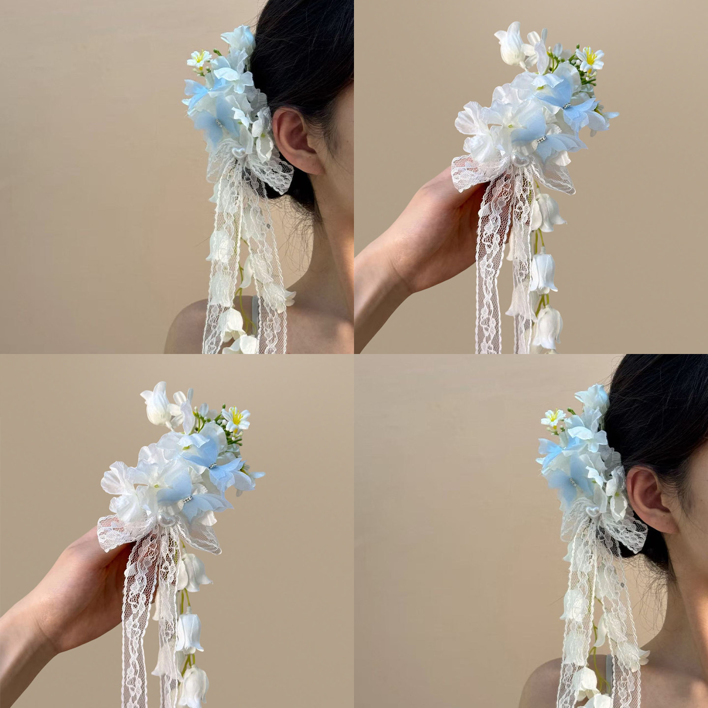 超仙蓝色花朵蕾丝飘带发卡
