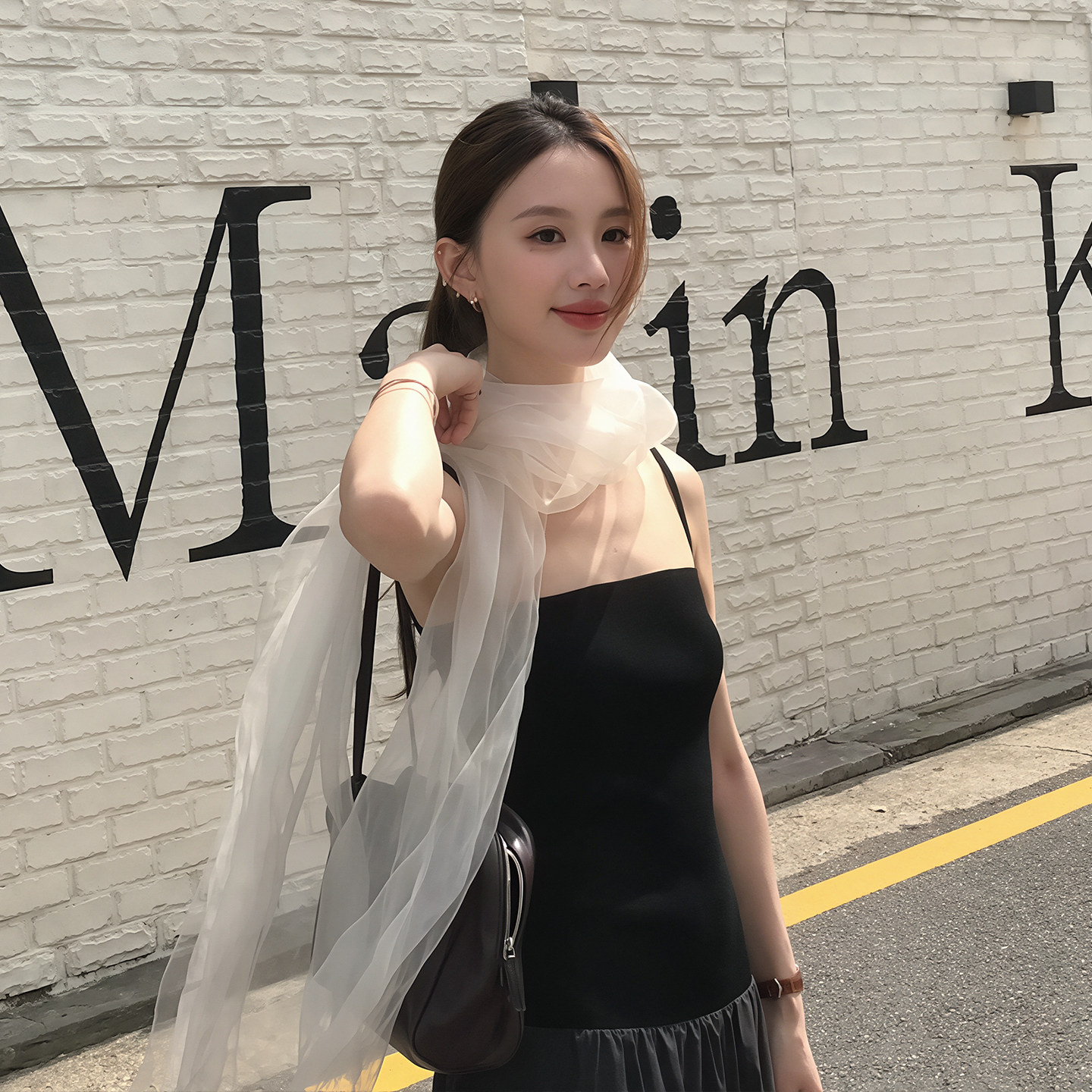 极简纯色柔光白纱长丝巾氛围围巾