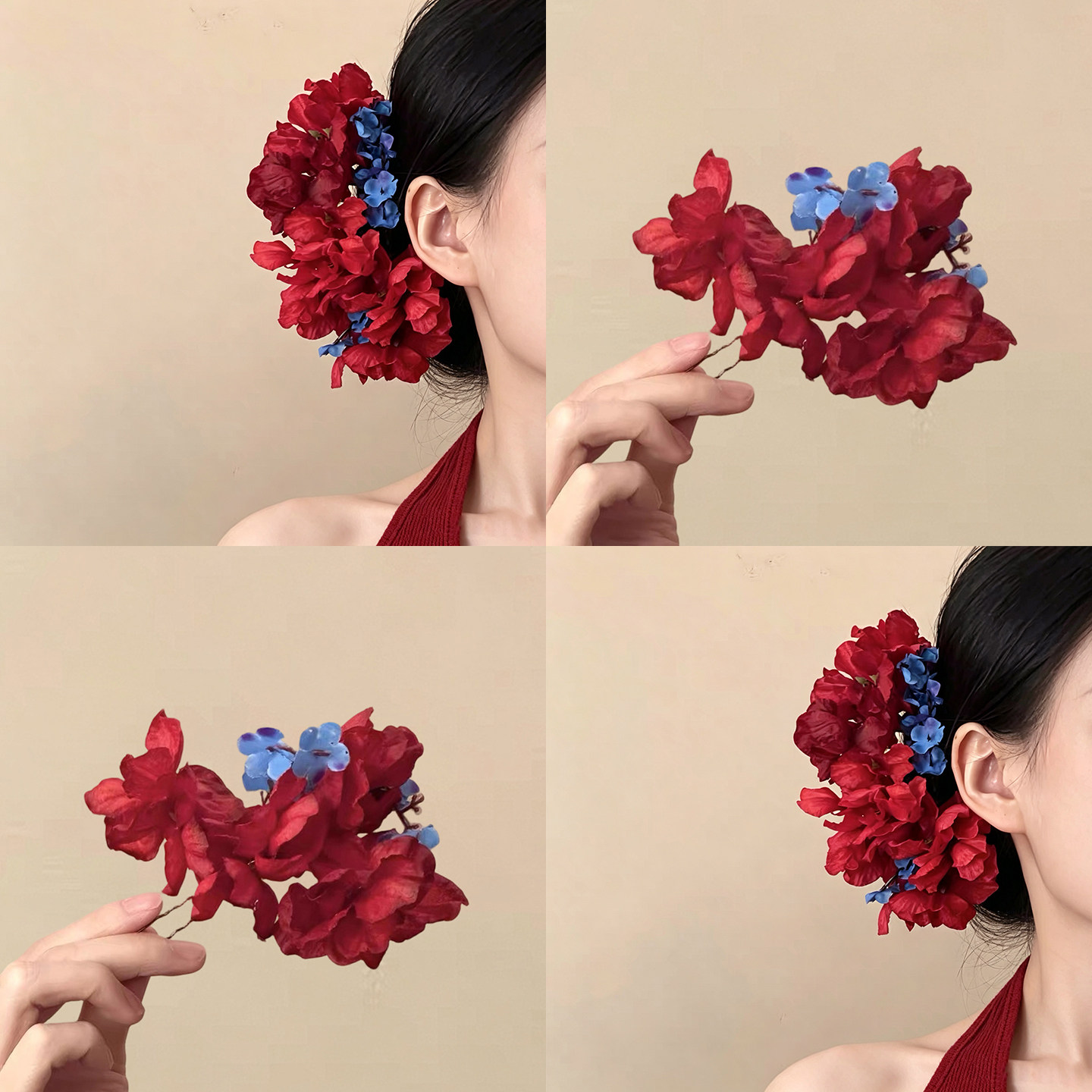 灼艳红妆！中式红色花朵发簪