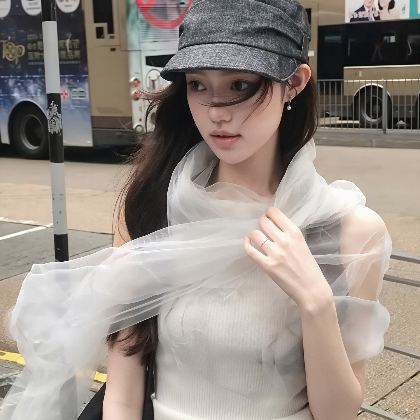 韩系简约纯色柔光白网纱丝巾