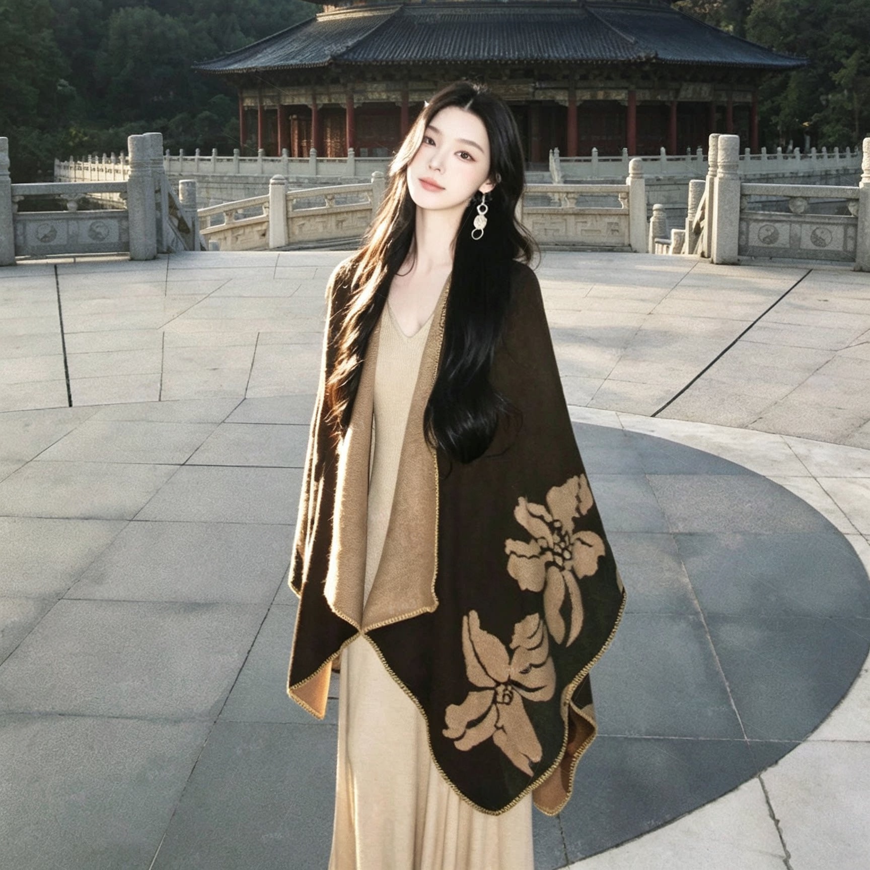 国风大花朵提花斗篷披肩外搭披风