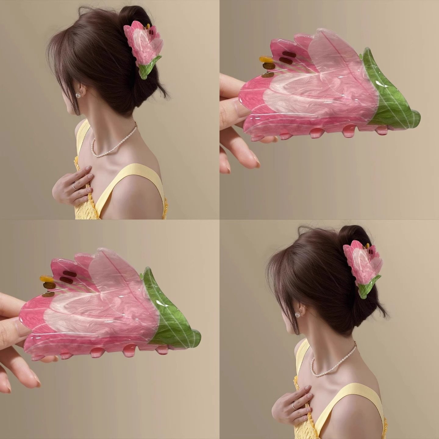 花間月！粉色郁金香花朵抓夾發飾