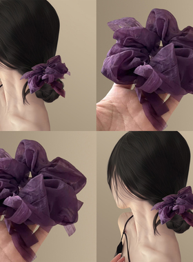 紫色纱雾！雪纺打结蝴蝶结大肠发圈女芭蕾风头花盘发头绳马尾发饰
