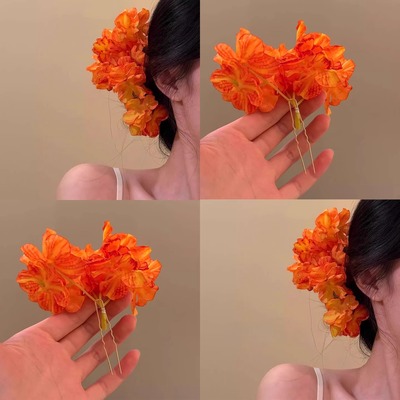 落日黄昏！氛围感橘色花朵发簪