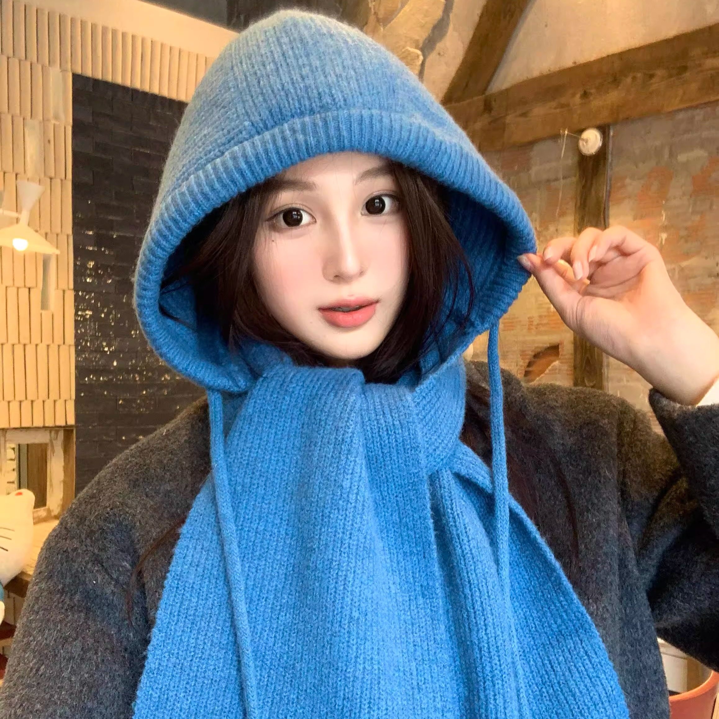 又在期待冬天！显白蓝色针织毛线帽2025新款保暖护颈围巾帽子一体