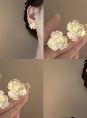 夹心玫瑰！黄色晕染山茶花耳钉！气质高级感轻奢小众耳夹耳饰拎环