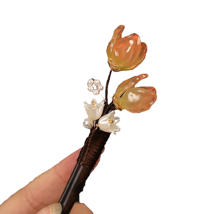 新中式花朵盘发木簪子黑木旅行发簪汉服配饰步摇简约现代风头饰