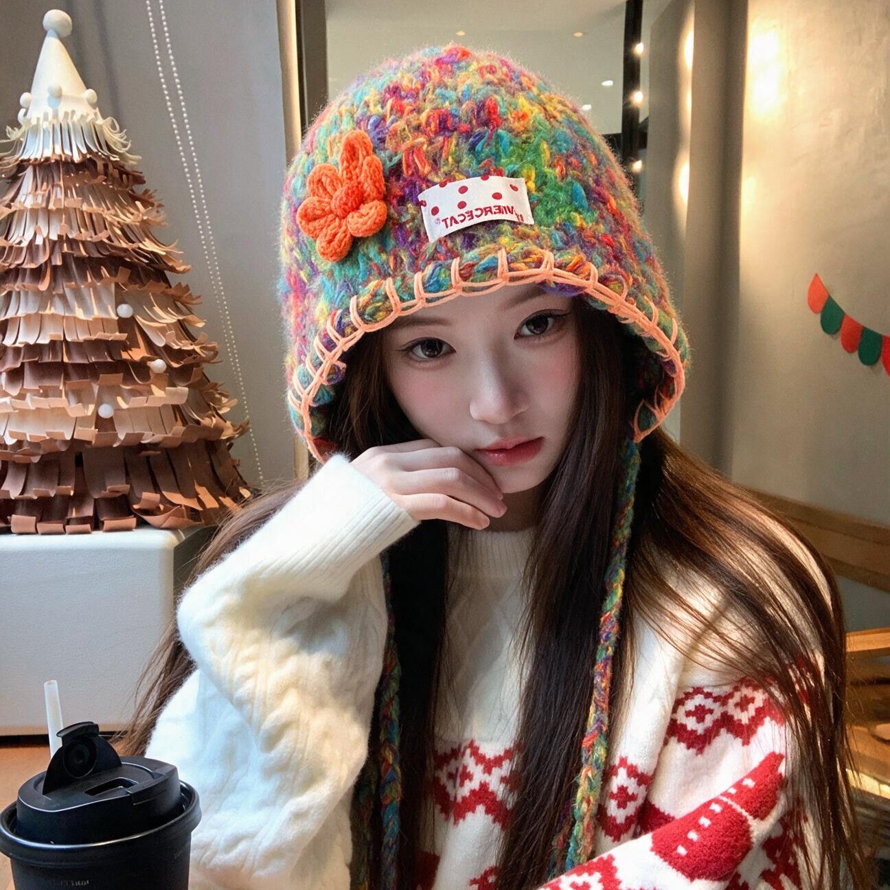 甜妹风彩色花朵流苏包头帽