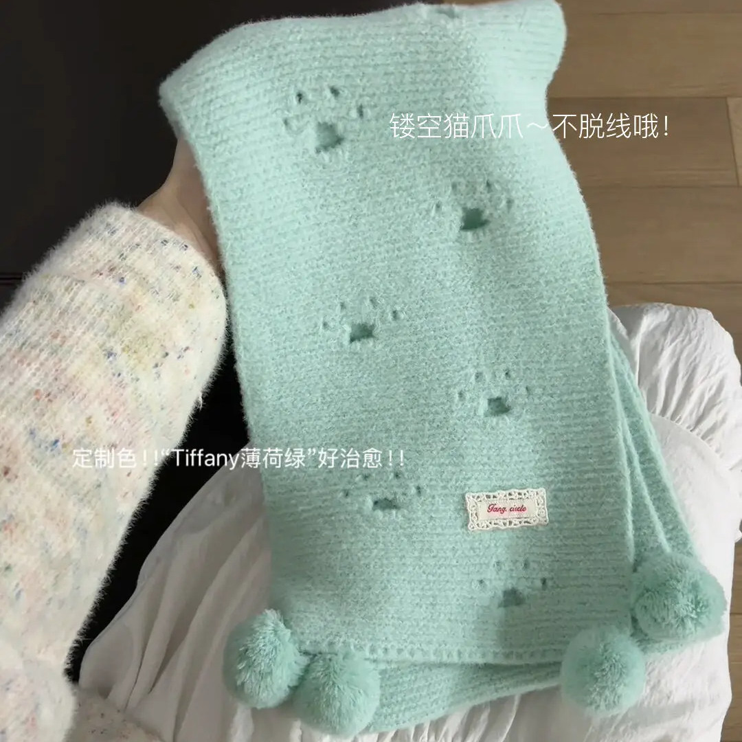 猫咪踏雪~薄荷绿猫爪针织围巾